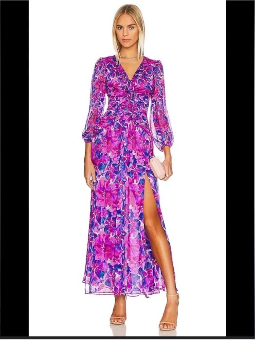 Misa Los Angeles Pink and Blue Floral V-Neck Chiffon Dress